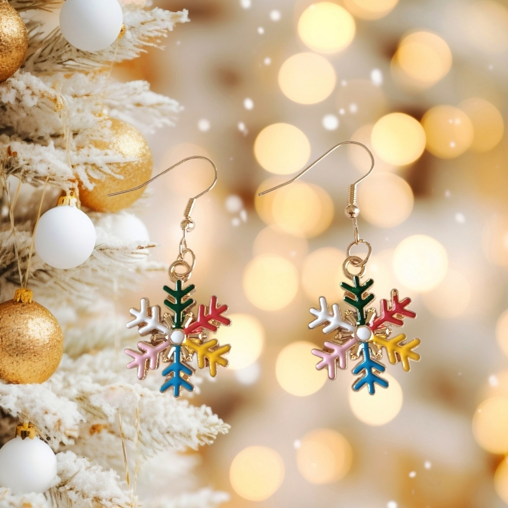Multi-Colored Fernlike Stellar Snowflake Earrings